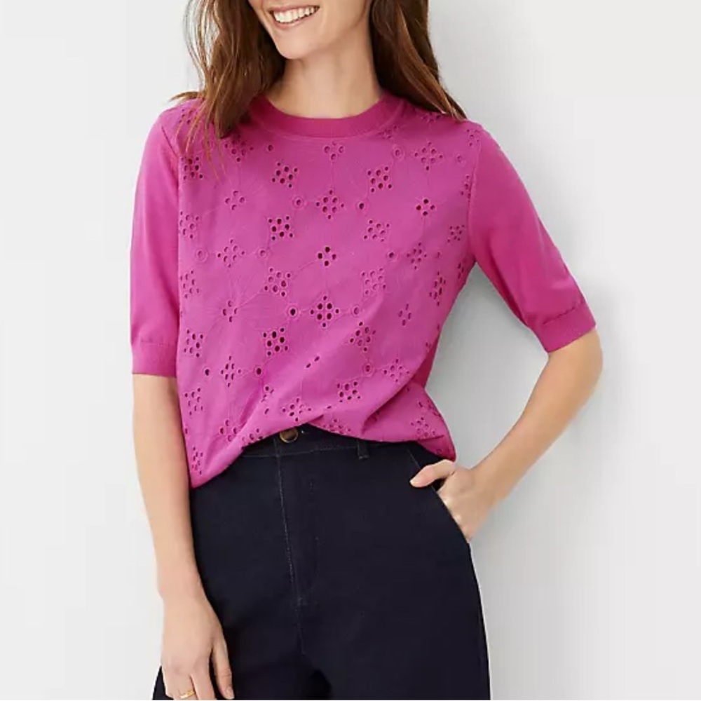 Ann Taylor Black Eyelet Mixed Media Sweater Tee
